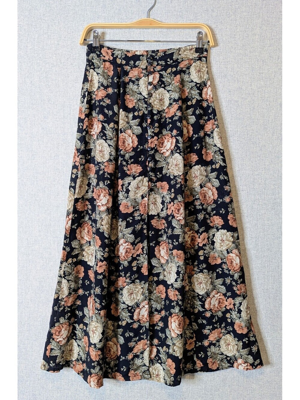 Vintage 90s rose floral button front A-line midi skirt
